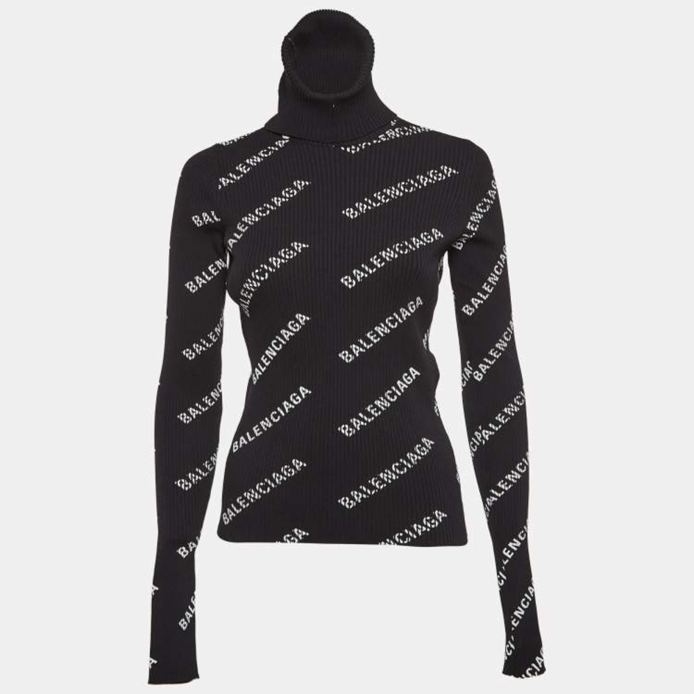 Authentic Balenciaga rib-knit Logos Intarsia sweater in black